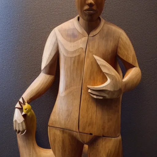 Prompt: wooden sculpture of a mixed race man holding a rooster, polished maple, thoughtful, elegant, real