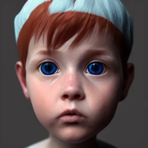 Image similar to hyperrealistic little baby boy big blue eyes thin auburn hair big cheeks, stunning 3 d render inspired by istvan sandorfi & greg rutkowski & mike judge, perfect symmetry, dim volumetric cinematic lighting, 8 k octane comprehensive render, extremely mega hyper - detailed and lifelike attributes & atmosphere, intricate, realistic flesh texture, masterpiece, artstation, stunning,