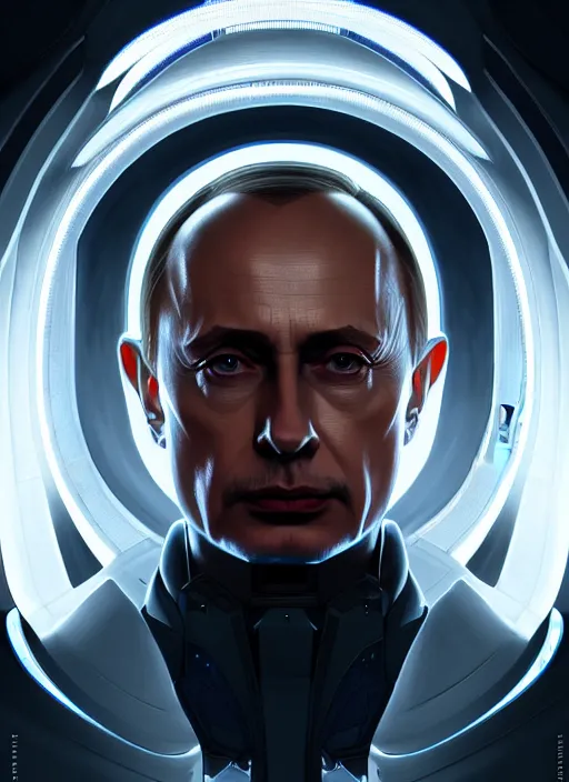 Image similar to symmetry portrait of a person who looks like vladimir putin, sci - fi, tech wear, glowing lights intricate, elegant, highly detailed, digital painting, artstation, concept art, smooth, sharp focus, illustration, art by artgerm and greg rutkowski and alphonse mucha