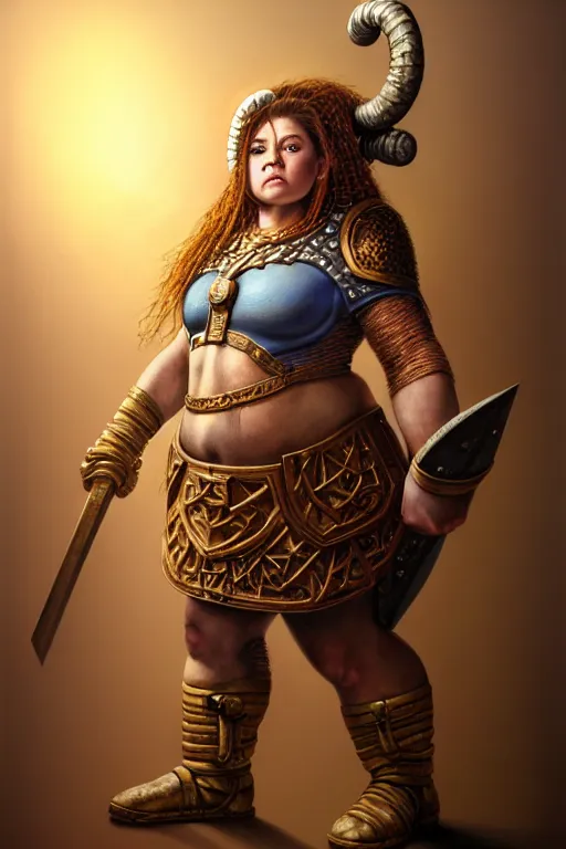 Image similar to hyperrealistic mixed media painting of a female dwarven cleric, chubby short stature, d&d, full body, mighty warhammer slug over her shoulder, stunning 3d render inspired art by P. Craig Russell and Barry Windsor-Smith + perfect facial symmetry + dim volumetric lighting, 8k octane beautifully detailed render, post-processing, extremely hyperdetailed, intricate, epic composition, grim yet sparkling atmosphere, cinematic lighting + masterpiece, trending on artstation, very very detailed, masterpiece, stunning