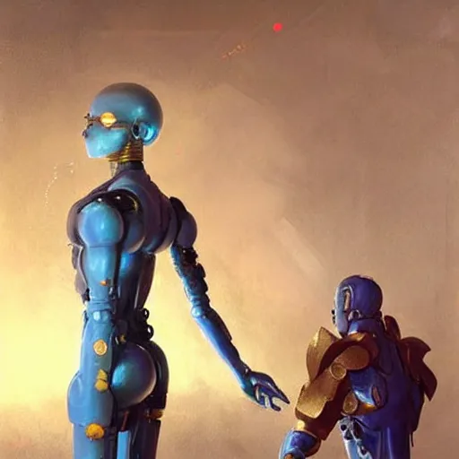 Image similar to a humanoid robot, with blue skin, golden armour moulded onto its torso. it's head is smooth, with circular eyes that glow. fantasy painting by greg rutkowski