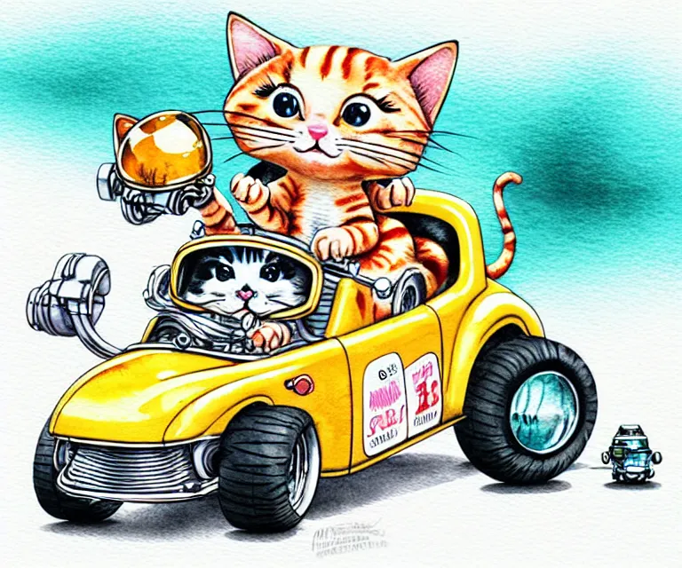 Image similar to cute and funny, kitten wearing a helmet riding in a tiny hot rod with an oversized engine, ratfink style by ed roth, centered award winning watercolor pen illustration, isometric illustration by chihiro iwasaki, edited by range murata, tiny details by artgerm and watercolor girl, symmetrically isometrically centered, sharply focused