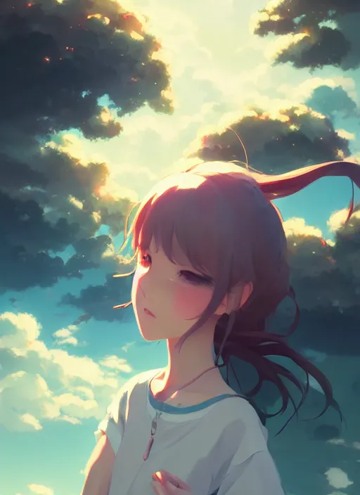 Image similar to portrait of cartoon girl, cloudy sky background lush landscape illustration concept art anime key visual trending pixiv fanbox by wlop and greg rutkowski and makoto shinkai and studio ghibli