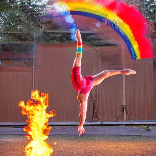 Image similar to acrobatic dance ensemble juggling rainbow fire