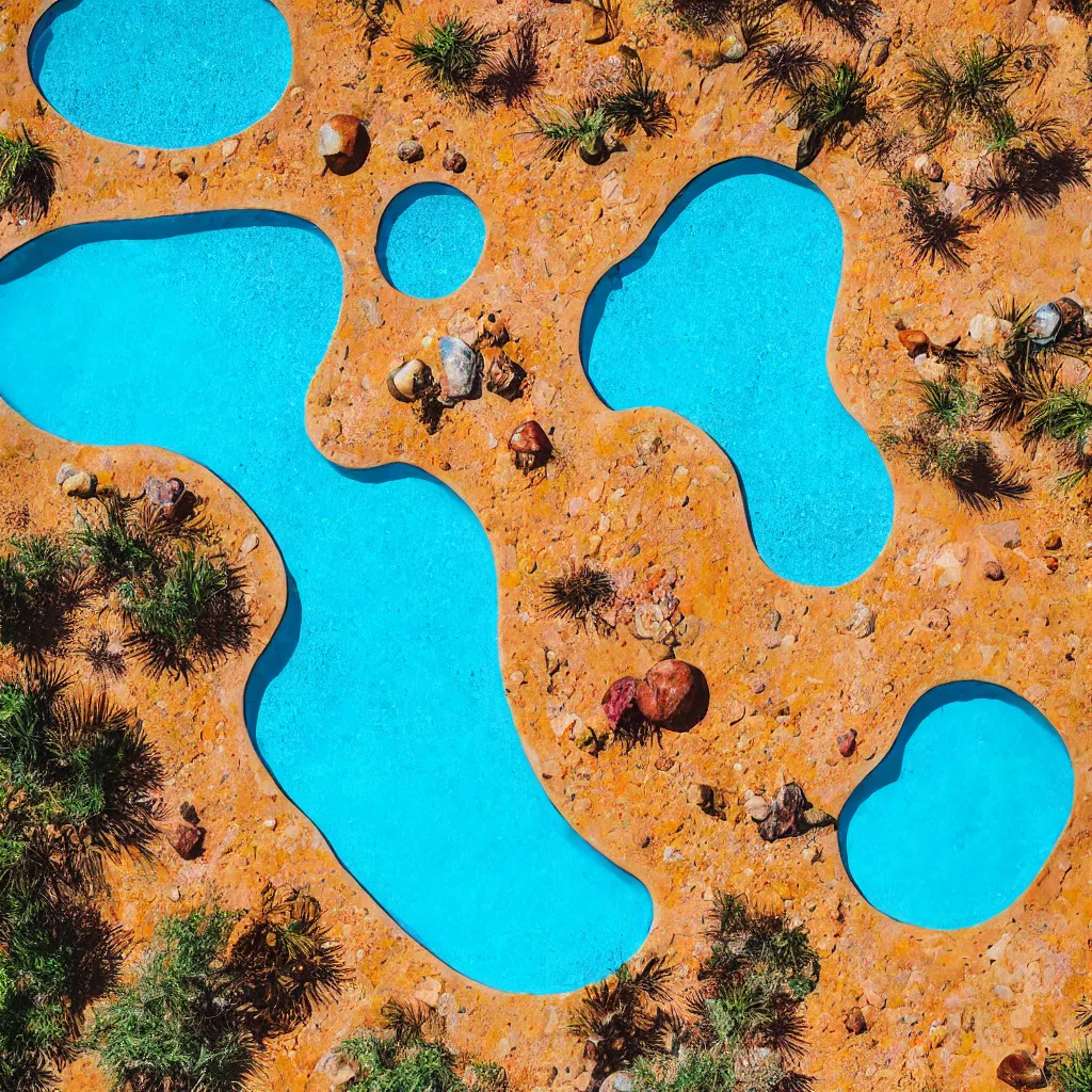 Image similar to rainbow boulders outdoor sculpture, orange sand desert with pools of bright blue water, birds eye view