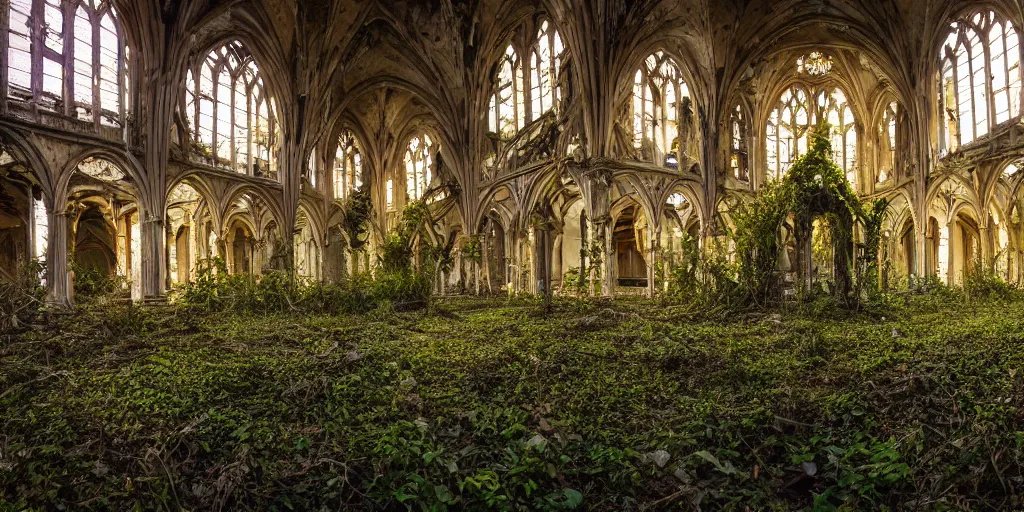 Image similar to Wide angle photograph of the inside of an abandoned cathedral, with a broken roof and overgrown with vines and bushes, cinematic lighting, epic scene, dramatic lighting, evening light, sunset, golden hour, fuji velvia, Flickr, national geographic, taken by Daniel Kordan