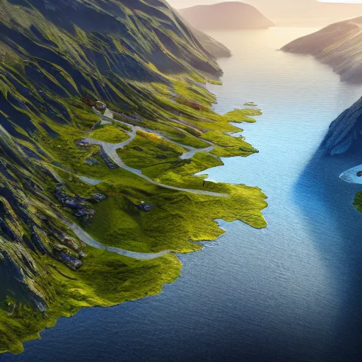 Prompt: nordic fjord, summer morning light, aerial view, cinematic light, soft illumination, cinematic composition, wide - angle, atmospheric, matte painting, trending on artstation,