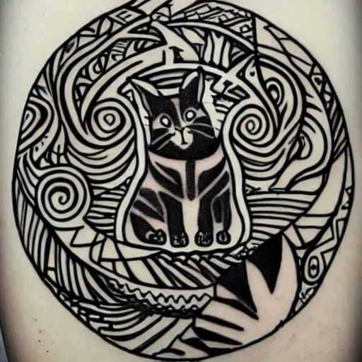 Prompt: tattoo sketch in polynesian style cat hugging the sun