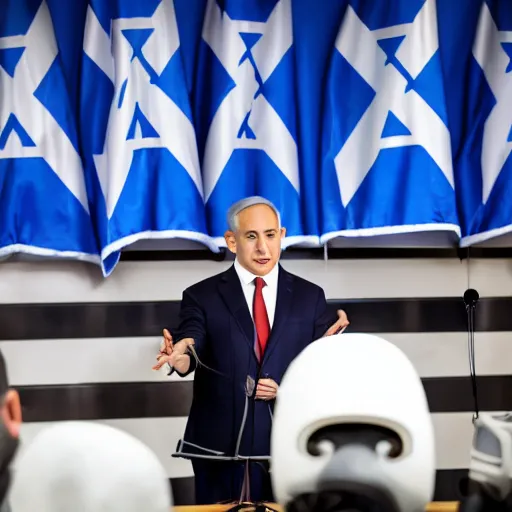 Prompt: photograph of Benjamin Netanyahu giving a speech with a podium in front of him, suited men with medical masks standing closely behind him, official media, HQ, 4K, news photography