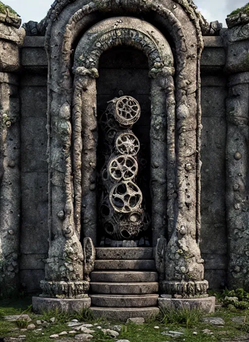 Image similar to ruined ancient lichen covered monument surrounded by biomechanical creatures, ultra realistic, hyper detailed, 8k, octane render