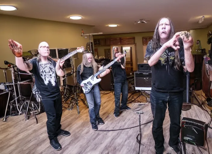 Prompt: a death metal band performing in a retirement home.