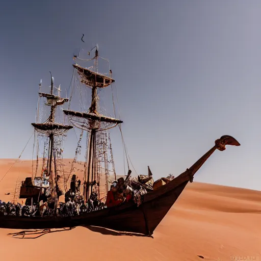 Prompt: pirate ship in the middle of the sahara desert, canon eos r 3, iso 2 0 0, 1 / 1 6 0 s, 8 k, raw, unedited, symmetrical balance, wide angle