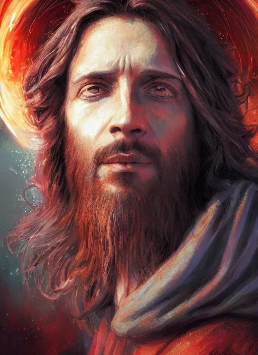 Image similar to detailed portrait of Jesus wearing a cloak over his head, eyes on fire with celestial flames, a halo of shimmering color around him, future earth in the background, by Jason Jenicke and Jeremy Mann, intricate, beautiful, stylized, detailed, realistic, loose brush strokes, dramatic, enduring, captivating, Artstation