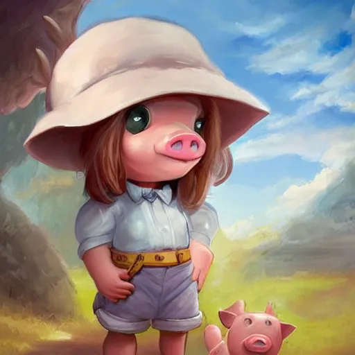 Image similar to cute little anthropomorphic funny female pig wearing shorts, a sunhat, boots and a pale blue shirt!! tiny!! fully clothed!!! small, short, cute and adorable, character art portrait, matte fantasy painting, deviantart artstation, by jason felix by steve argyle by tyler jacobson by peter mohrbacher, cinema