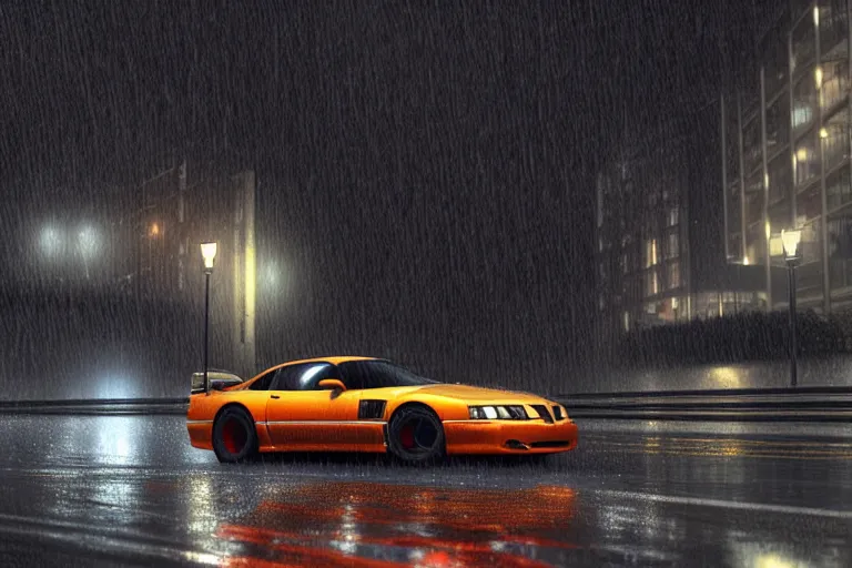 Image similar to hyperdetailed, photorealistic photograph of a 2 0 0 2 pontiac firebird trans - am drifting in the streets, rain, night, dense fog, hd, unreal engine 5 by greg rutowski, by stanley artgerm, by alphonse mucha