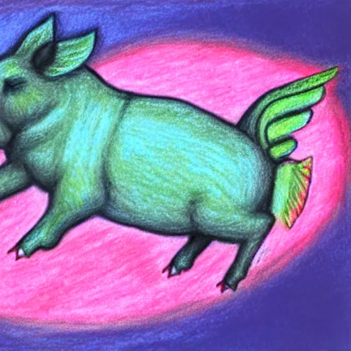 Image similar to chalk pastel drawing of of a flying pig with wings