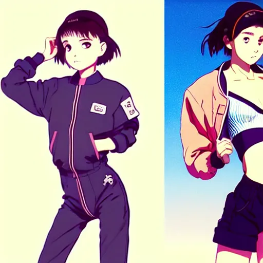 Image similar to a beautiful! boyish! natalie portman alluring gravure! model, wearing oversized mayan bomber jacket and leotard with overalls, bulky poofy bomber jacket with mayan patterns, aztec street fashion, trending on pixiv fanbox, painted by greg rutkowski makoto shinkai takashi takeuchi studio ghibli, akihiko yoshida