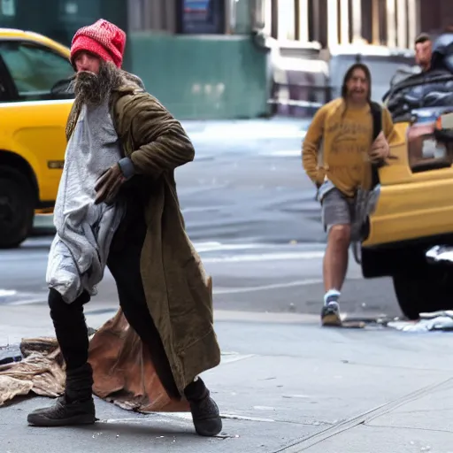 Prompt: margot robbie as an homeless man in new york, highly detailed, hyper realistic