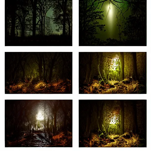 Prompt: View out of 4 picture windows into a dark forest, lit by flood lights at night