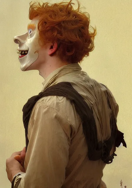 Prompt: a portrait of the happy mask salesman, grinning, ginger hair, handsome, intricate, elegant, highly detailed, digital painting, artstation, concept art, smooth, sharp focus, illustration, art by artgerm and greg rutkowski and alphonse mucha and william - adolphe bouguereau