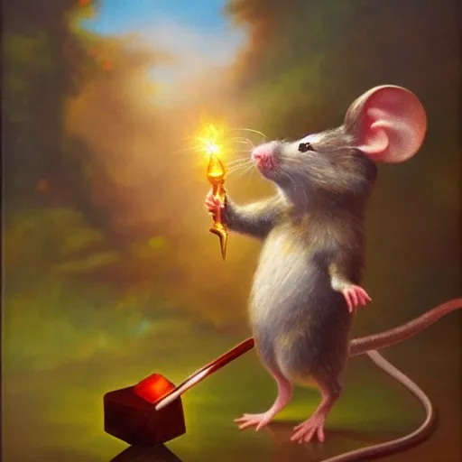 Image similar to mouse warrior reaches for floating crystal, famous oil painting, award winning, 8k scan