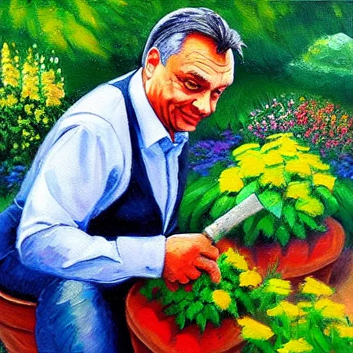 Image similar to viktor orban gardening, oil painting