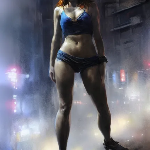 Prompt: bella thorne wearing crop top, hyperrealistic full figure, bladerunner street alley, art of elysium by frank frazetta and by jeremy mann, fantasy art, photo realistic, dynamic lighting, artstation, full figure poster, volumetric lighting, very detailed face, 4 k, award winning