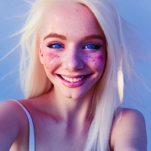 Prompt: beautiful hyperrealism selfie of a cute 3 d young woman smiling smugly, long light platinum blonde hair, flushed face, small heart - shaped face, cute freckles, light blue eyes, golden hour, 8 k, instagram