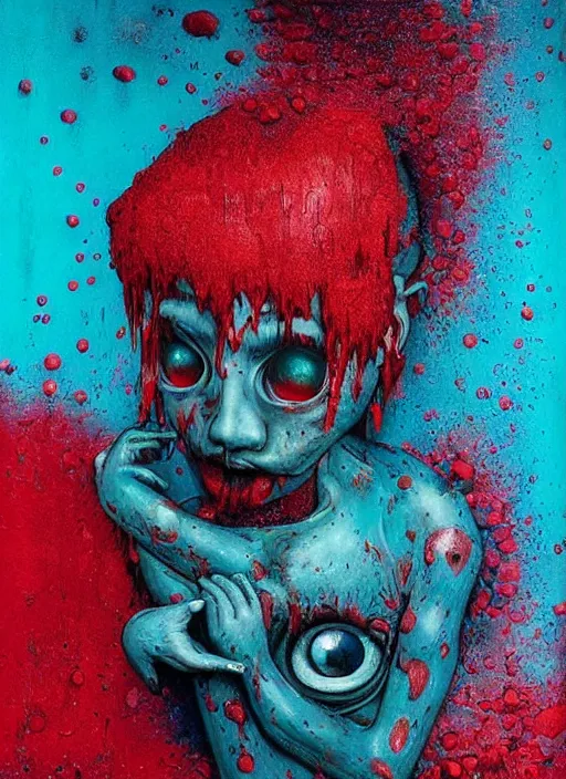 Image similar to a dramatic emotional hyperrealistic pop surrealist oil panting of a sad sobbing grotesque kawaii vocaloid figurine caricature sobbing red in the face uglycrying with tears and snot featured in dead space hill 2 by beksinski made of dripping paint splatters in the style of madballs, 😭 🤮 💕 🎀