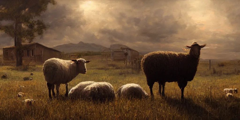 Prompt: Oil painting of Dave Bautista in the old west inspecting a dead sheep outside the cabin on the prairie, volumetric lighting, cinematic