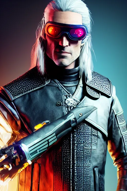 Image similar to geralt of rivia wearing futuristic leather jacket and futuristic goggles, geralt of rivia wielding a neon broadsword, cyberpunk 2 0 7 7, medium shot, background is filled with neon lights and futuristic vehicles, trending on artstation, ultra realistic, 4 k