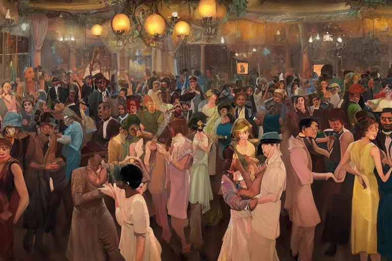 Prompt: beautiful detailed Harlem Renaissance painting painting of a 20s dancing party in ekanite bar that looks like it's from lord of the rings and bazaar by greg rutkowski, marc simonetti,Chris Achilleos,Charles Samuel Addams ,featured on artstation, ultrawide angle,f16