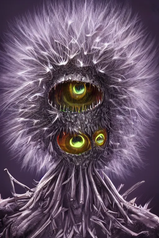 Image similar to a humanoid figure dandelion monster with large glowing eyes, highly detailed, digital art, sharp focus, trending on art station, artichoke, ambient lighting, anime art style