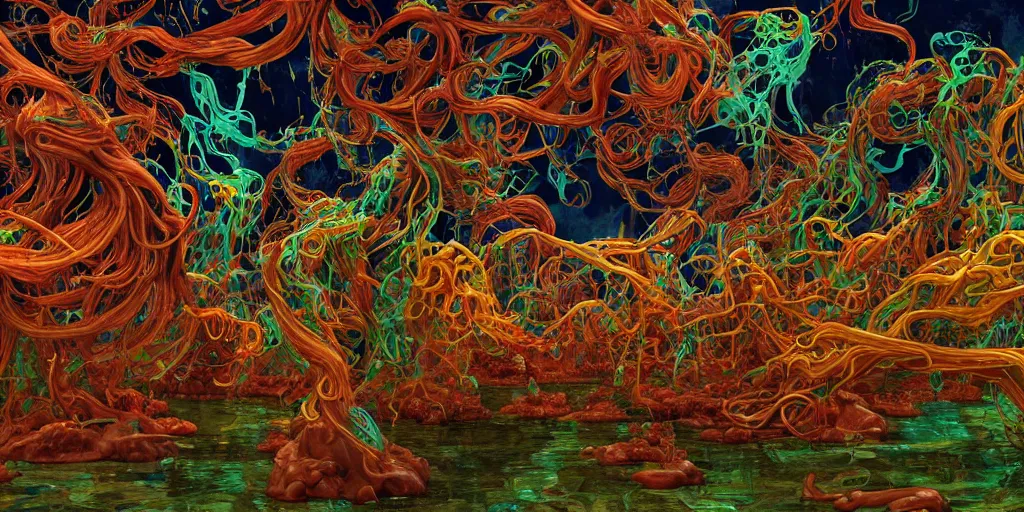 Image similar to epic image of a glossy wet levitating floating fungus spirit with arms outstretched, made from colorful wet fungus tendrils. illustration by james jean, by ivan bilibin. uhd, amazing depth, glowing, golden ratio, 3 d octane cycle unreal engine 5, volumetric lighting, cinematic lighting, cgstation artstation concept art