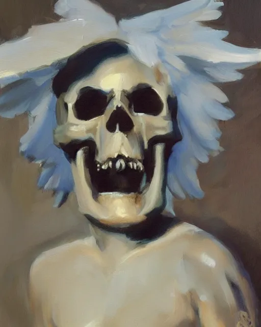 Prompt: an angel with a skull for the head, by greg manchess, organic painting, dark, bold shapes, trending on artstation