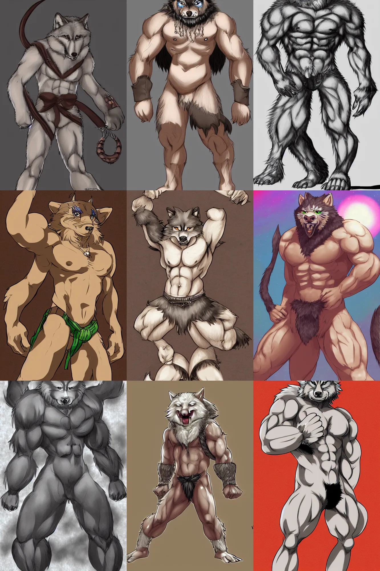 Prompt: detailed digital art of an cool anthropomorphic wolf beastman kemono wearing loincloth posing to show his muscles, trending on pixiv