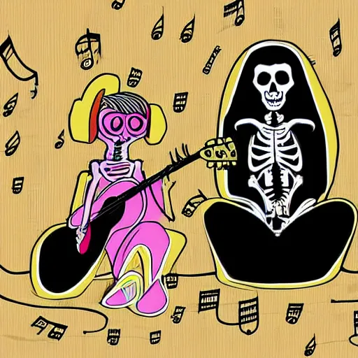 Image similar to skeleton wearing headphones watching girl playing guitar with her black cat standing next to her, digital art