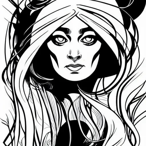 Prompt: clean simple line art of a woman. no background. well composed, clean black and white line drawing, beautiful detailed face. illustration by josan gonzalez and steve ditko and alphonse mucha