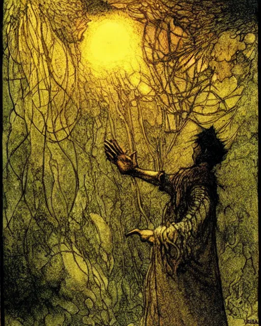 Image similar to a person conjuring!!! an image!!! from of noise!!!, by arthur rackham, maxfield parrish, and larry elmore, kodachrome colors, intricate, chaotic, fantasy realism, hopeful, volumetric lighting