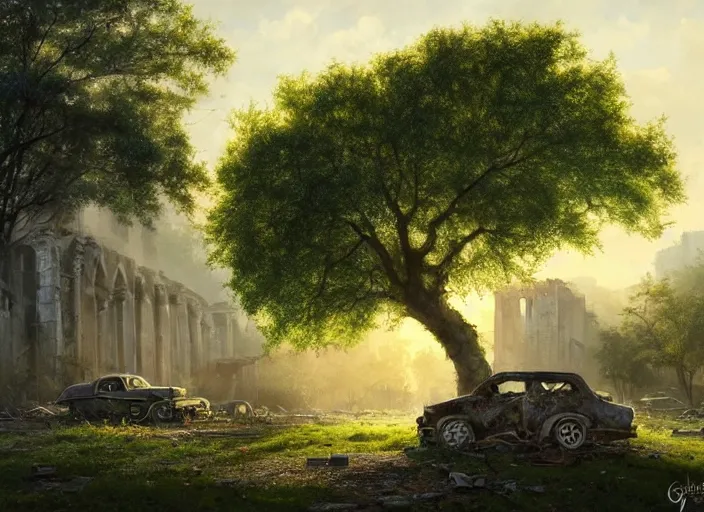 Prompt: oak tree growing in the ruins of a city, scrap cars, building remains, rubble, gray dull background, vibrant colorful green leaves, hyperrealistic, highly detailed, cinematic, single ray of golden sunlight, beautiful, cgssociety, artstation, oil painting by greg rutkowski, by artgerm, by wlop