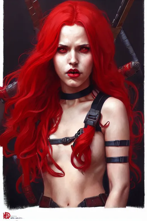 Image similar to portrait of a girl wearing deadpool costumes, upper body, red hair, long hair, d & d, fantasy, fierce, sharp features, intricate, elegant, highly detailed, digital painting, artstation, concept art, matte, sharp focus, illustration, art by artgerm and greg rutkowski and alphonse mucha