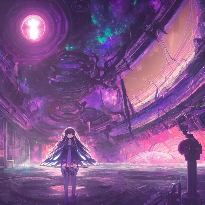 Image similar to Albedo from overlord, mamimi samejima, psychedelic background, epcot, inside a space station, eye of providence, female anime character, Lain, uwu, uwu, Luminism, Tomas Sanchez, surrealism, Simon Stålenhag, Ruan Jia, uwu Hi-Fructose, Artstation, HD, HDR, High Resolution, technological rings, giygas