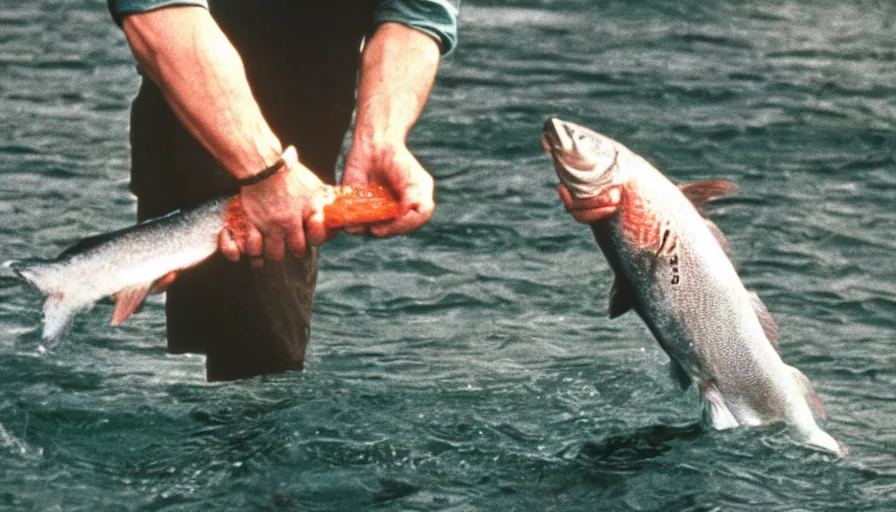 Image similar to 7 0 s movie still of putin catching a salmon with his hands, cinestill 8 0 0 t _ 3 5 mm eastmancolor, heavy grain, high quality, high detail