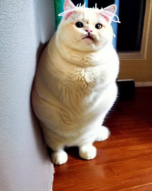 Image similar to Fluffy fat cat standing on two legs, wearing a crown, looking indignantly at the half-empty food bowl presented before her. Award-winning photograph, trending, funny, heartwarming