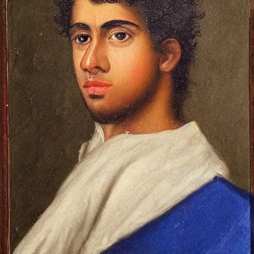 Prompt: 1 8 th century american painting of a pakistani teen with, blue eyes, brown curly hair, scar over his left eye, dried blood over his lip and nose, ultra realistic!!.