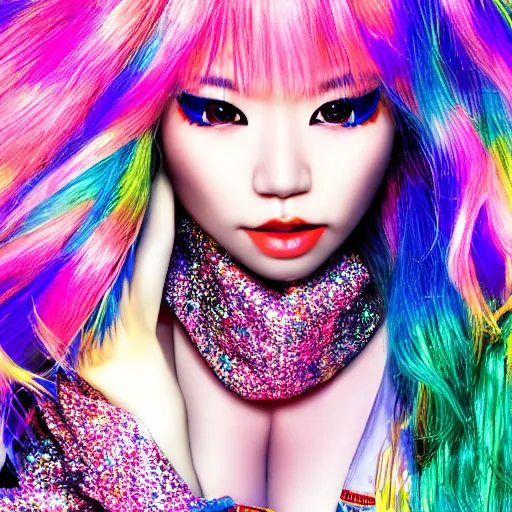 Image similar to japanese model with maximalist hair style and makeup, bright colors, fashion model, portrait shot, glitter, depth of field, 8 k, hyper detailed, intricate, trending on artstation