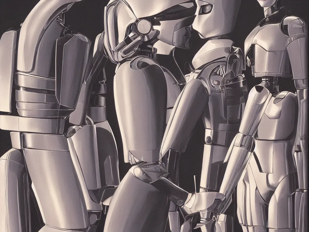 Image similar to a Royal portrait of chrome android woman as illustrated by Ralph Mcquarrie. 1991