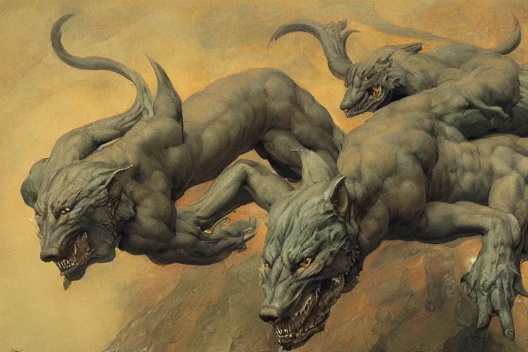 Image similar to hyperdetailed matte art of cerberus by william blake, ilya repin, amano, rene magritte, craig mullins