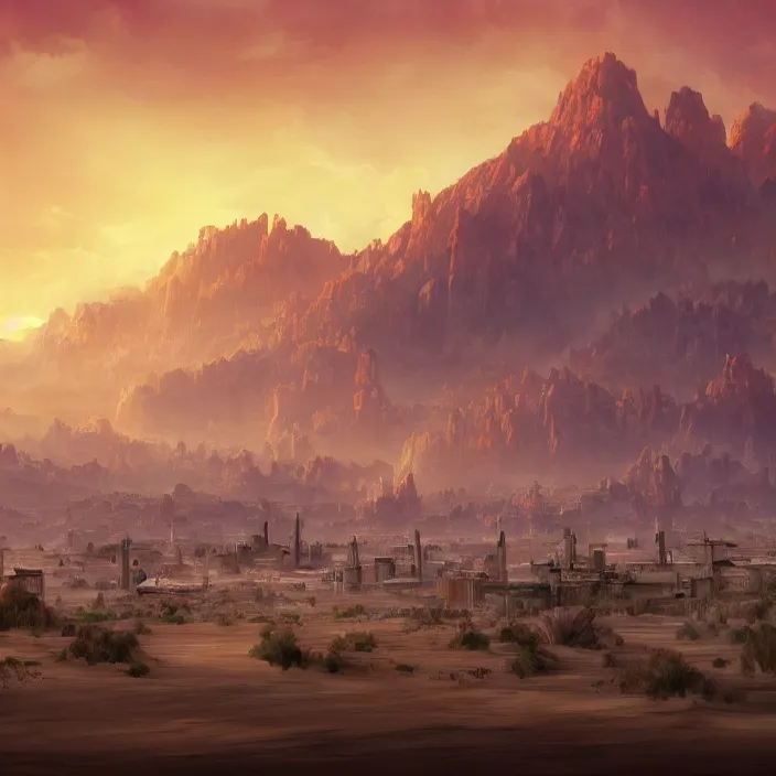 Prompt: large densely packed western style city in the middle of a sandy flat desert with a single mountain on the very distant horizon. magic the gathering art, digital media