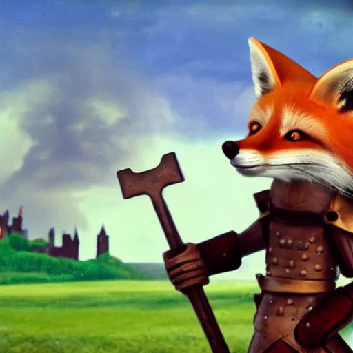 Prompt: anthropomorphic fox!! who is a medieval knight holding a swo - rd towards a stormy thundercloud [ 1 9 3 0 s film still ], ( castle in the background )